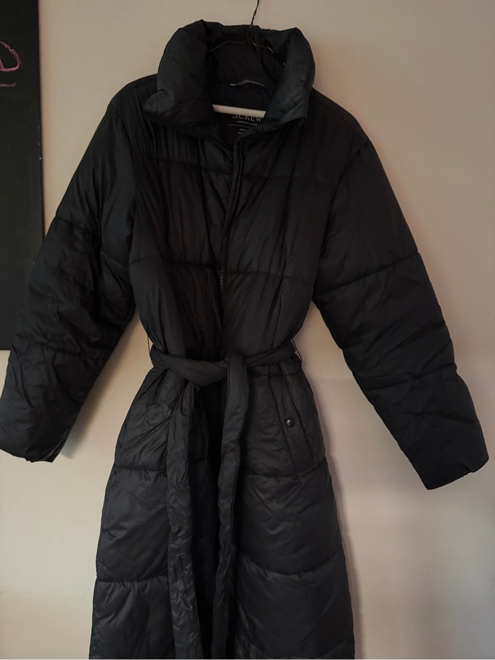 J. Crew Black Long Belted Signature Puffer Coat | Size S | Used-Good condition